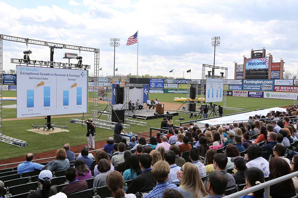 Outdoor graduation ceremony with movie screens